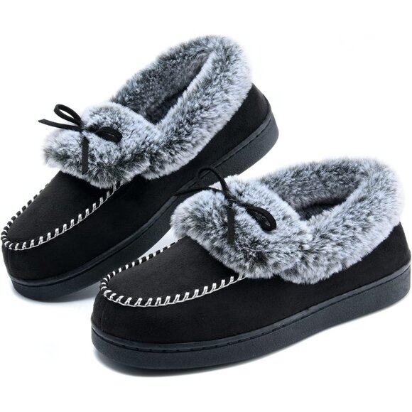 Women's Black Fuzzy Fluffy Warm Winter Soft Closed Back Fur Lined Slippers Boot - Picture 1 of 6